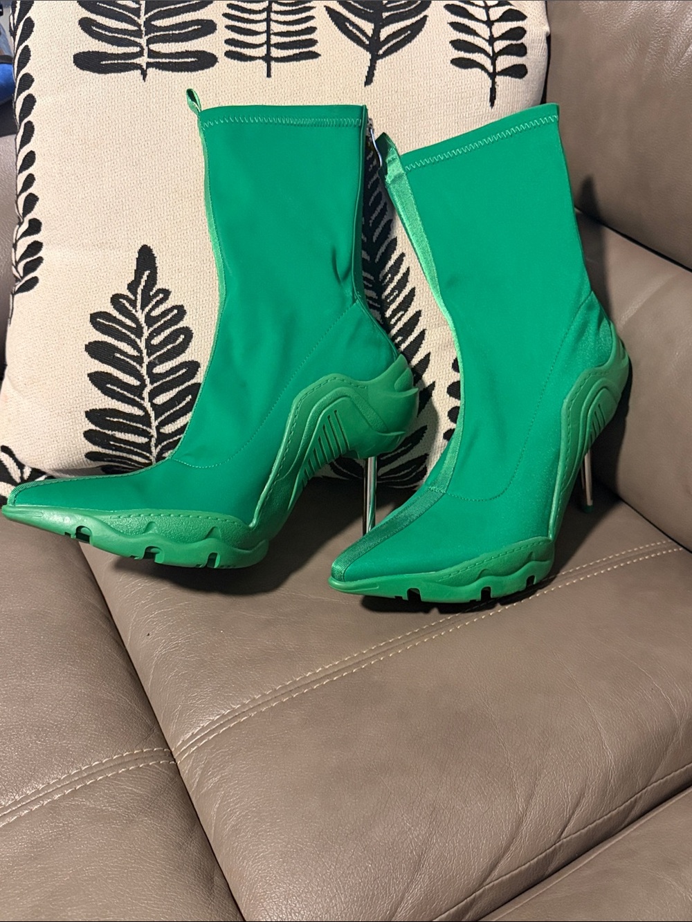 Green Stretch Sock Stiletto Boots with Sculpted Sole - Women